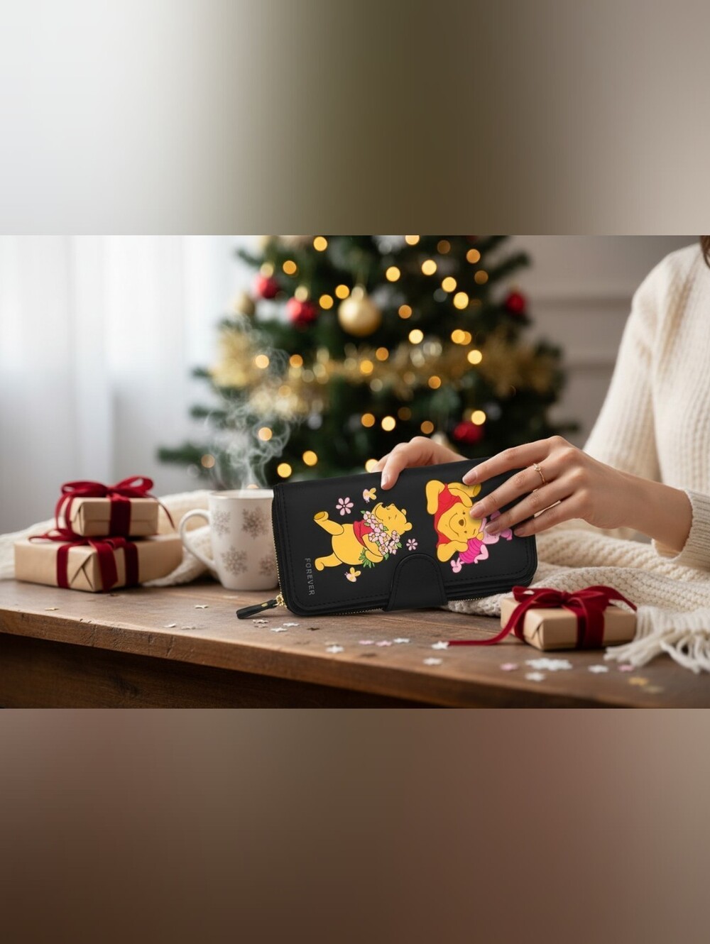Black Winnie the Pooh Floral Zip Wallet - Women Bags